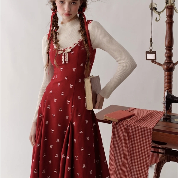 Lacemade Dresses & Skirts - Red Sleeveless Midi Dress with Lace Trim